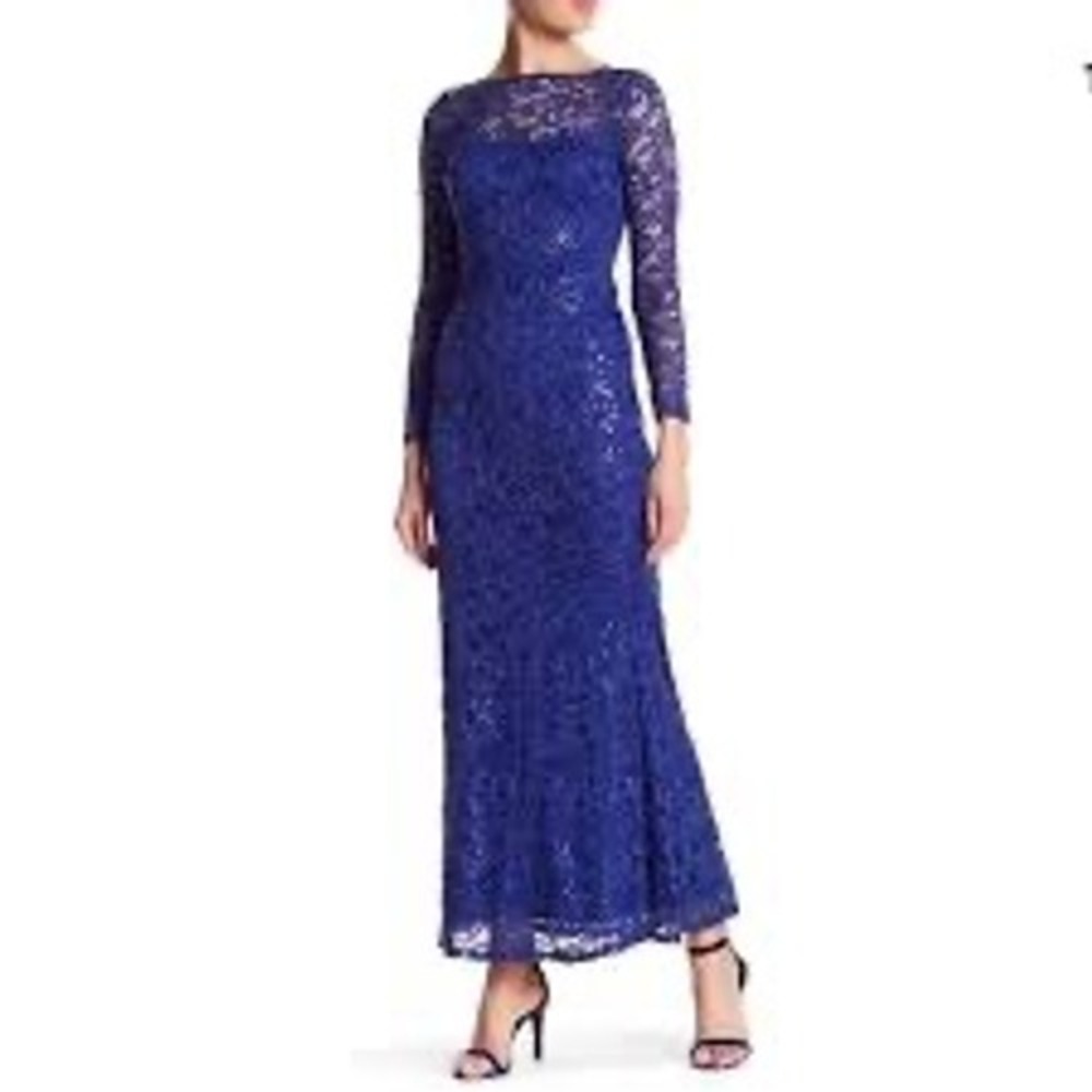 Marina‎ Royal Blue Lace Sequin Gown Maxi Dress Long Sleeve Boat Neck Size 4